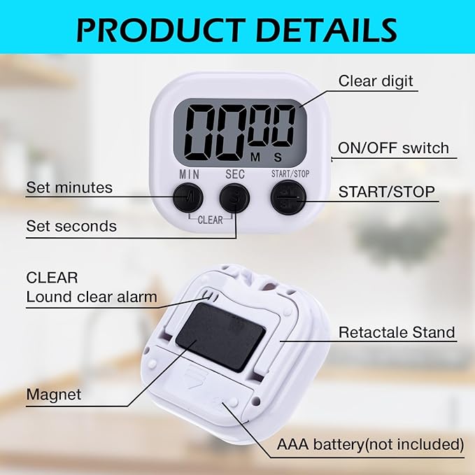 Leumoi 24 Pcs Digital Kitchen Timers Magnetic Back Timers Bulk Large Screen Loud Alarm On/Off Switch Minute Second Count up Countdown Memory Setting for Cooking Classroom Exercise (White and Black)