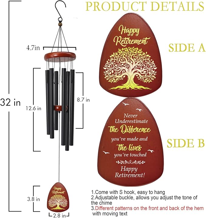 Retirement Gift for Woman Men, 32" Wind Chimes Retirement Gifts, Happy Retirement Gifts for Coworker Colleague Boss Teachers Nurses Friends, Going Away Gifts Retirement Decorations