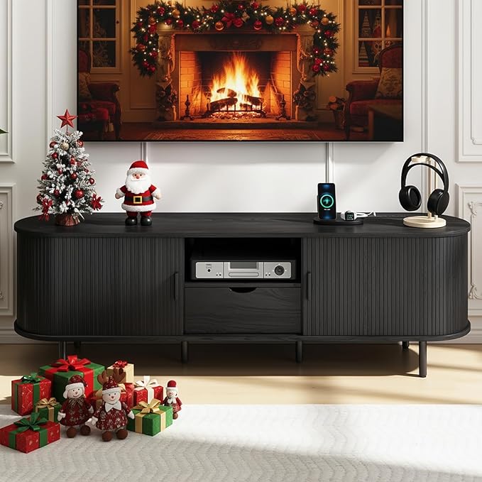 69" Mid-Century TV Stand with Power Outlet, Fluted Entertainment Center with Storage Drawer, TV Console with Sliding Door and Adjustable Shelves, TV Stand up to 80" for Living Room, Bedroom, Black