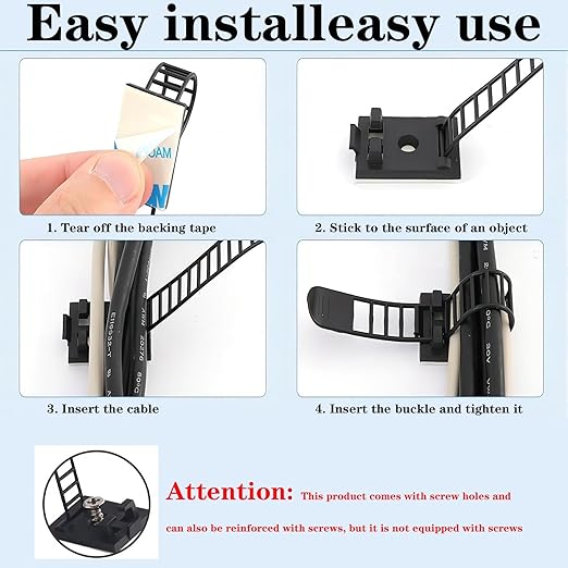 Adjustable 3M adhesive cable management clips 50Pcs, large self adhesive cable ties clips ，Suitable for cable management under desks and on walls(Black)