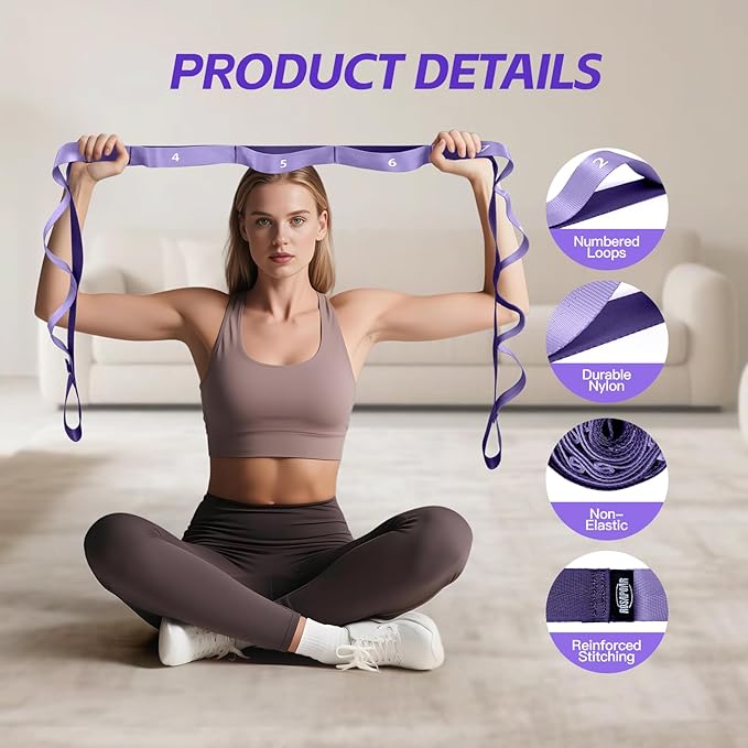 ROSAPOAR Stretching Strap with Loops - Non Elastic Yoga Straps for Physical Therapy, Durable Stretch Bands for Exercise, Flexibility Training, Hamstring & Leg Stretcher, Yoga/Pilates/Gymnastics
