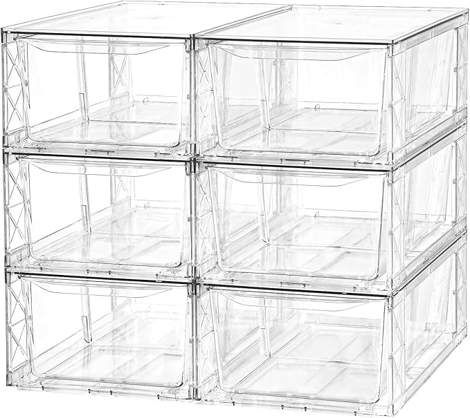 Plastic Drawers Storage, 6Pack Clear Stackable Storage Drawers, Acrylic Storage Bins with Drawers for Fridge Organizers, PlasticDrawers Stackable for Makeup Organizers Cosmetic Display, Medium