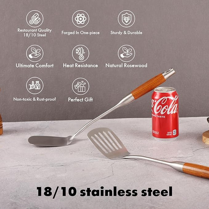 18/10 Stainless Steel Spatulas Set - 15” Long Spatulas for Kitchen, Metal Cooking Utensils - 1 Slotted Spatula + 1 Solid Turner (style B - roosewood handle)