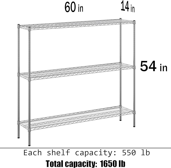 14" Deep x 60" Wide x 54" Height Wire Shelving Kit | 3-Tier | NSF Commercial Storage Rack Unit