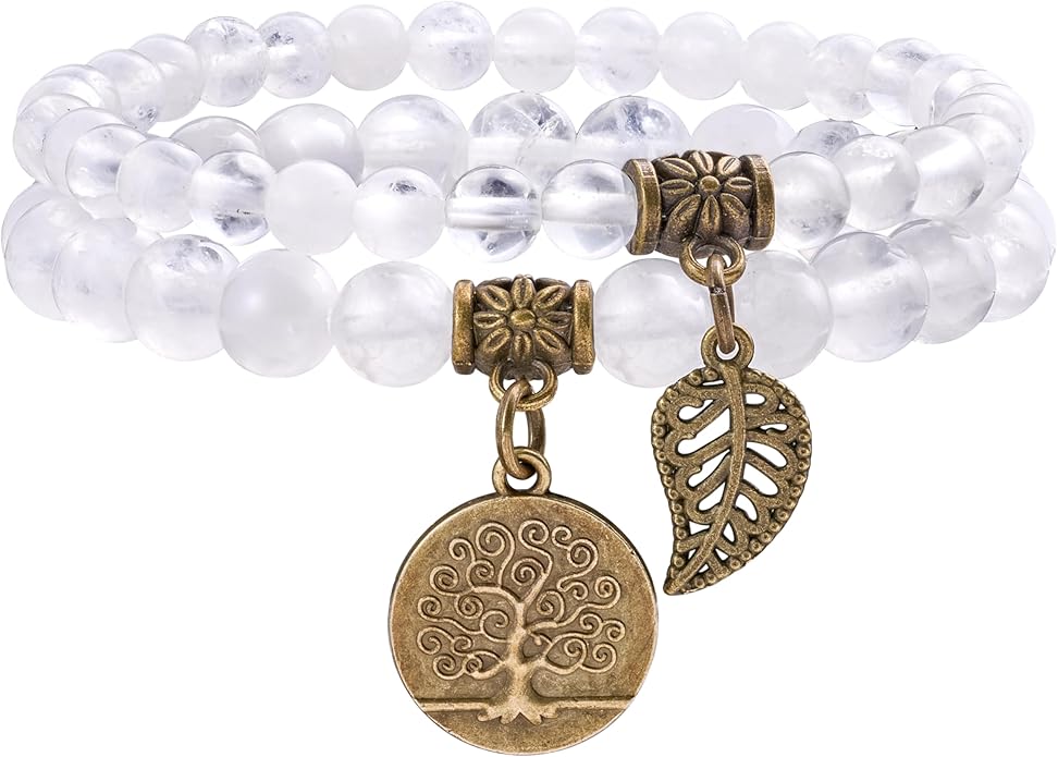 Bivei Natural Semi Precious Gemstone beads bracelet for women - Life Tree and Leaf Charm Energy Reiki Crystal Stretch Bracelets