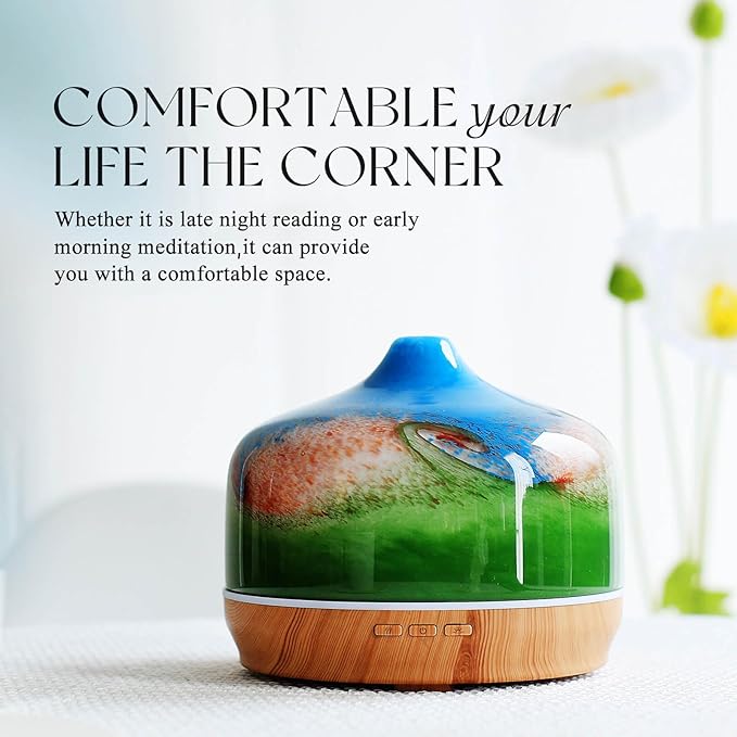 Porseme 500ml Glass Essential Oil Diffuser Aromatherapy Ultrasonic Cool Mist Humidifier 15-21 Running Hours Waterless Auto-Off Air Diffusers for Sleeping Yoga Office Working Spa and Rest (Blue Grass)