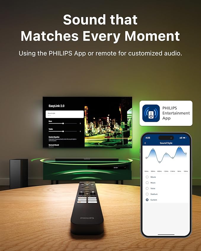 PHILIPS B6309 2.1 Channel Soundbar with Wireless Subwoofer,3D Surround Sound with DTS Virtual:X & Dolby Atmos,Easy Setup with Roku TV Ready™,APP or Remote Control,HDMI eARC,Slim Design,Dark Grey