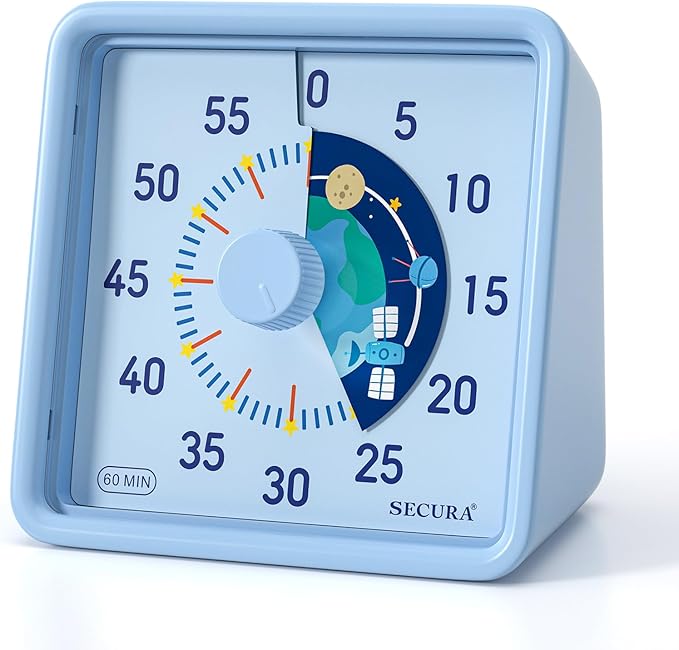 Secura 60-Minute Visual Timer for Kids, Time Clocks, Countdown Timer for Office Kitchen, Classroom Timer for Kids, Silent Time Management Tool (Blue & Blue)
