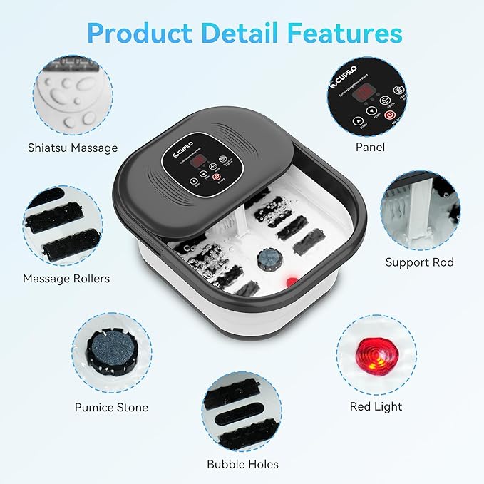 Foot Spa Bath Massager, Collapsible Foot Soaking Tub with Heat, Bubbles, Red Light, Pumice Stone, and Shiatsu Rollers for Relaxation, Gift for Foot Care