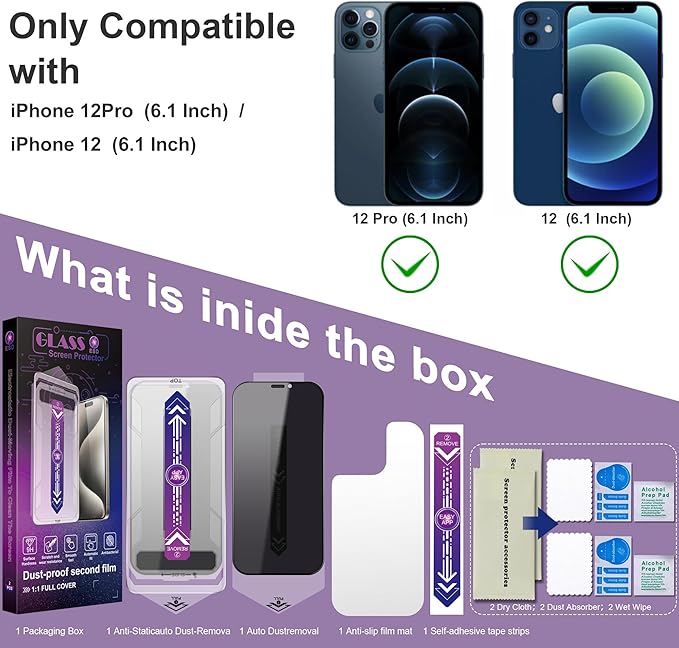 2 Pack Privacy Screen Protector for iPhone 12 Pro/iPhone 12, 9H Tempered Glass, Full Coverage, Anti-Fingerprint, Auto Dust-Elimination, No Bubble, Easy Installation