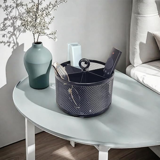 SETTFRFE Metal Mesh Desk Organizer,360°Rotating Pen Holder, Black Pencil Container with 6 Compartments, Office Supplies Organizer for Students, Home, Workspace