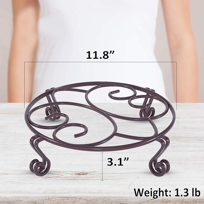 Yimobra Original Patented Plant Stand for Flower Pot Heavy Duty Potted Holder Indoor Outdoor, Metal Rustproof Iron Garden Container Round Supports Rack for Planter, Brown, 11.8 Inches