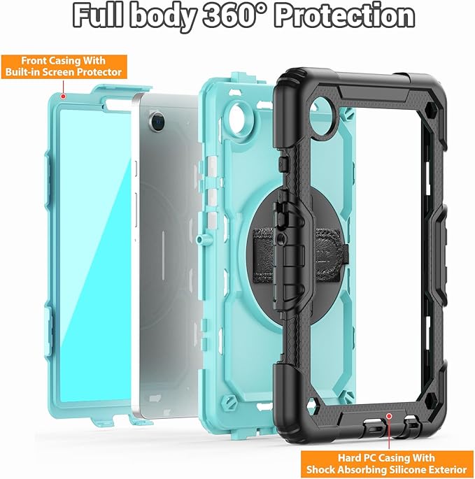 SEYMAC for Samsung Galaxy Tab A9 Case 8.7″ 2023 (SM-X110/X115/X117), Heavy Duty Shockproof Protective Case with Screen Protector, Rotating Stand, Hand/Shoulder Strap and Pen Holder, Light Blue