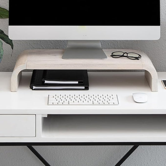 Anji Mountain Wood Monitor Stand Riser Desk Desktop Organizer Table for Home, Office Workspace, Laptop Riser, Ergonomic Design Stand for Gaming Setup, White Wash