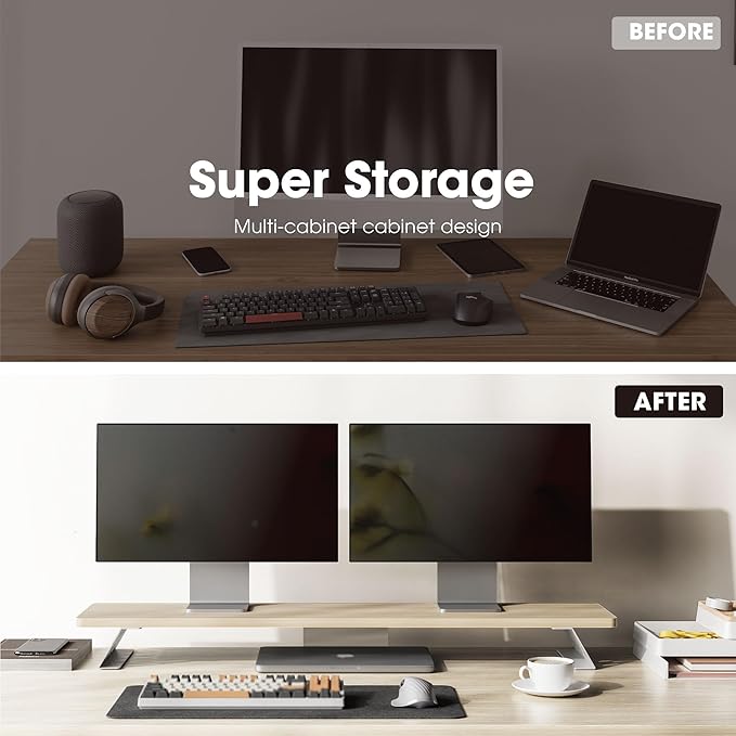 Fenge Dual Monitor Stand Riser, 42.5 Inch Desk Top Shelf for 2 Monitors, Computer Stands for Desk, Wood & Steel Desktop Riser for Laptop, PC, Printer