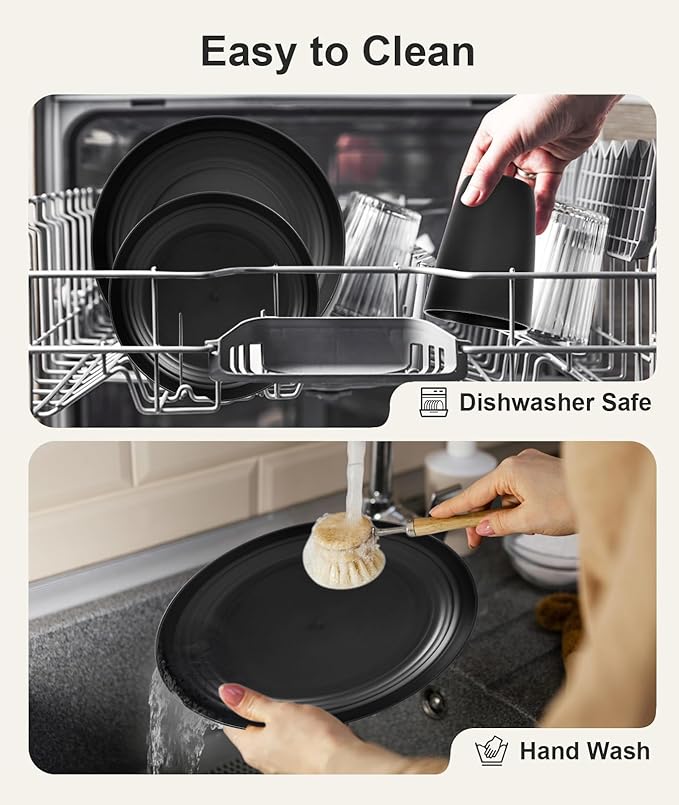 Quatish 24 Piece Plates and Bowls Sets for 6, Unbreakable Dinnerware Sets, Plastic Dish Set for Camping, Dishwasher Microwave Safe, Outdoor Kitchen and Apartment Dinning RV Essentials, Black