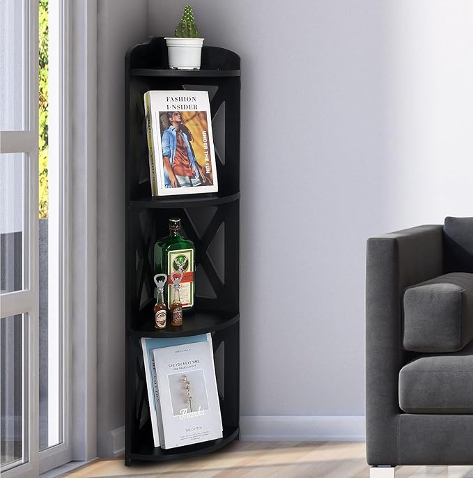 NHZ Corner Shelf Stand, Wood Corner Bookshelf, Corner Bookcase and Plant Stand (Black, 4 Tier)