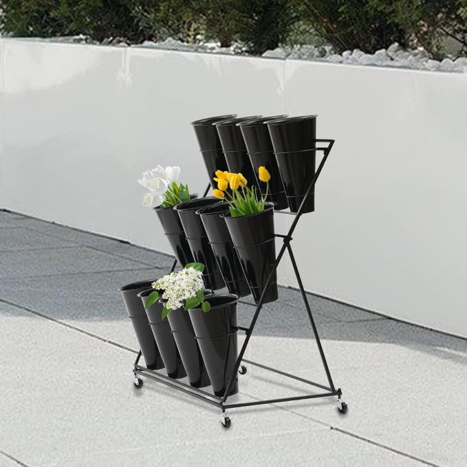 DYRABREST Flower Display Stand With 12PCS Buckets, 3 Layers Metal Plant Stand with Wheels, Heavy Duty Moving Plant Cart Shelf for Indoor, Outdoor Patio Garden, Florist (Black)