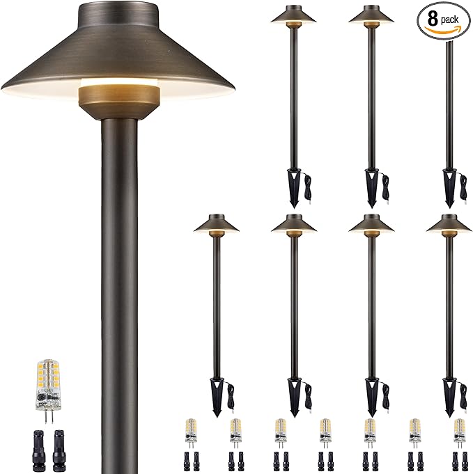 Brass Low Voltage Path Lights - 12V LED Landscaping Pathway Lamp IP65 Waterproof, Wired Walkway Lighting Outdoor, Bronze for Lawn Backyard with 3W 4000K Neutral White G4 Bulb (8 Pack)