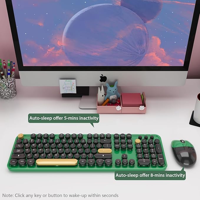 Wireless Keyboard,KOOTOP Cute Colorful 104 Keys Typewriter Retro Round Keycaps Keyboard for PC Laptop,Desktop,Windows, Home and Office Keyboards (Black Green)