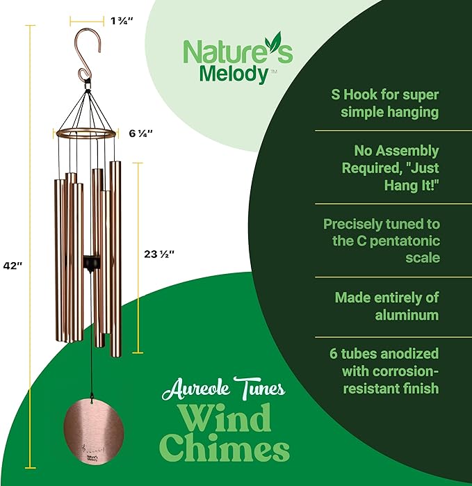 Nature’s Melody Aureole Tunes Wind Chimes – Outdoor Windchime with 6 Tubes Tuned to C Pentatonic Scale, 100% Rustproof Aluminum, Powder Finish & S Hook Hanger for Sympathy, Memorial Gift or Zen Garden