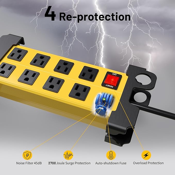 Heavy Duty Power Strip 8 Outlets - Surge Protector 2700J with 15FT Long Extension Cord, Industrial Metal Powerstrip 15Amp, Wall Mount Plug for Garage Workshop Outdoor Home Office, Wide Spaced (15ft)