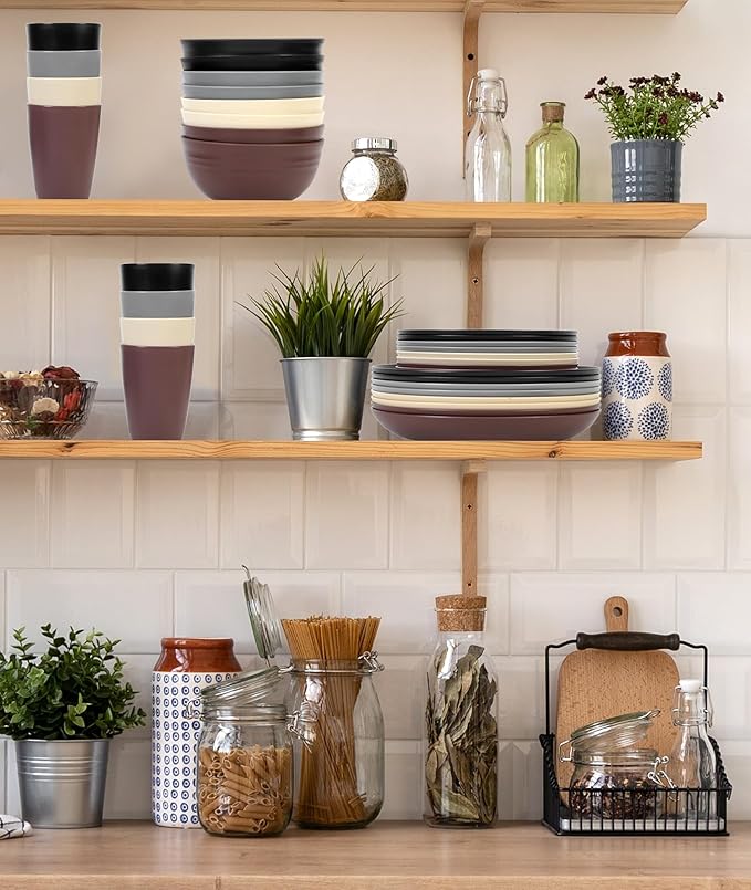 Quatish 32 Piece Plates and Bowls Sets for 8, Unbreakable Dinnerware Sets, Plastic Dish Set for Camping, Dishwasher Microwave Safe, Outdoor Kitchen and Apartment Dinning RV Essentials, Brown