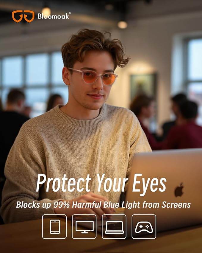 Bloomoak 99% Orange Blue Light Blocking Glasses,Retro Trendy Round Style,Relieve Eye Fatigue,Improve Sleep For Screens/Games