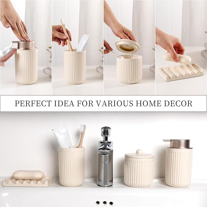 BosilunLife Bathroom Accessories Set - Ceramic Bathroom Set Bathroom Decor Sets Bathroom Counter Foam Soap Dispenser and Toothbrush Holder Set, Soap Dish, Apothecary Jar (Striped Apricot)