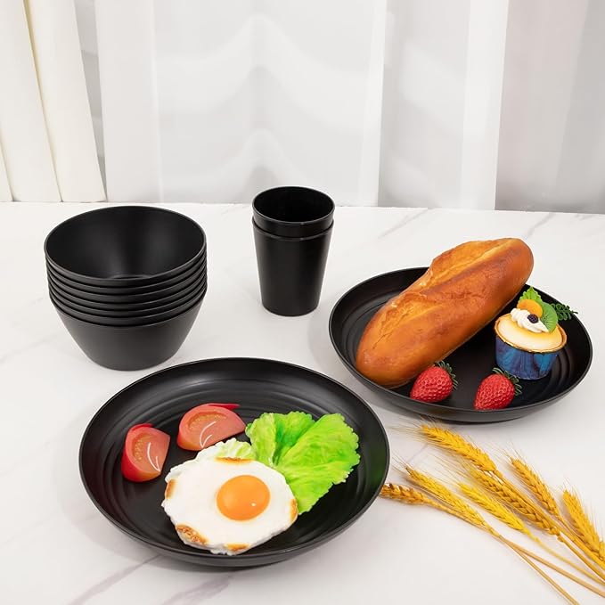 LIYH 48 Pcs Black Wheat Straw Plates and Bowls Dinnerware Set Camping Dish Set for 12,Plastic Plates and Bowls,Dishwasher Safe Dinnerware Set,Unbreakable Plastic Camper Dish Sets