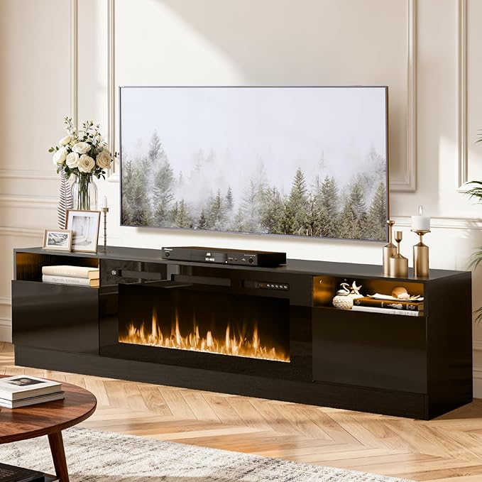 80” TV Stand with 36” Electric Fireplace, Large Modern Media Entertainment Center with Storage Cabinet and 12 Colors LED Lights for TVs Up to 90",All Black