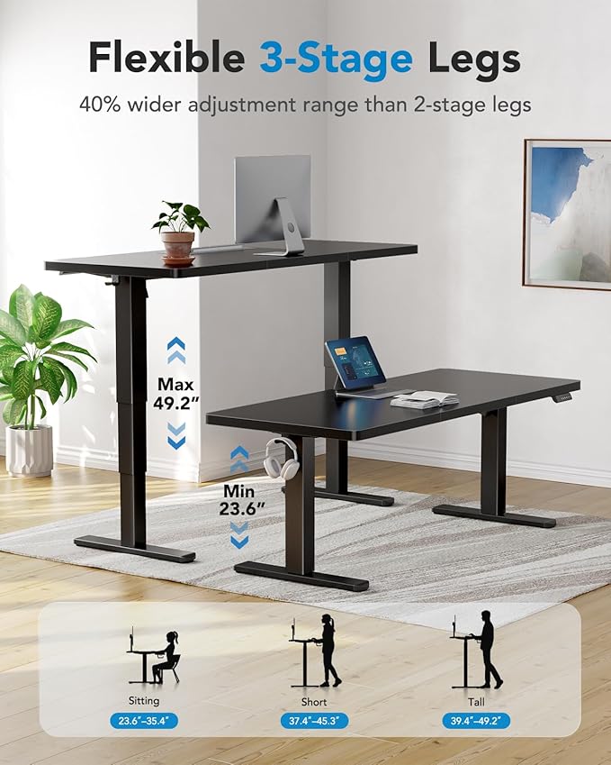 HUANUO 71x30 Inch 3-Stage Legs Electric Standing Desk, Large Height Adjustable Office Desk with Brushless Motor, Stand Up Desk with 4 Memory Presets & 2 Hooks, Computer Desk for Home Office, Black