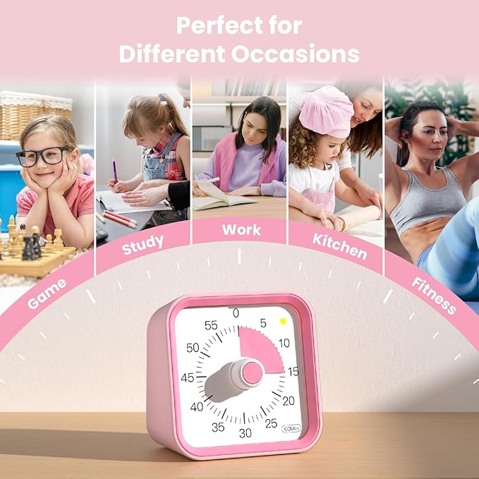 Visual Timer for Kids with Pause Function, 60 Minute Countdown Timer for Kids Desk Study, Teaching, Kitchen Cooking, Office Meetings, Time Management for ADHD (Pink)