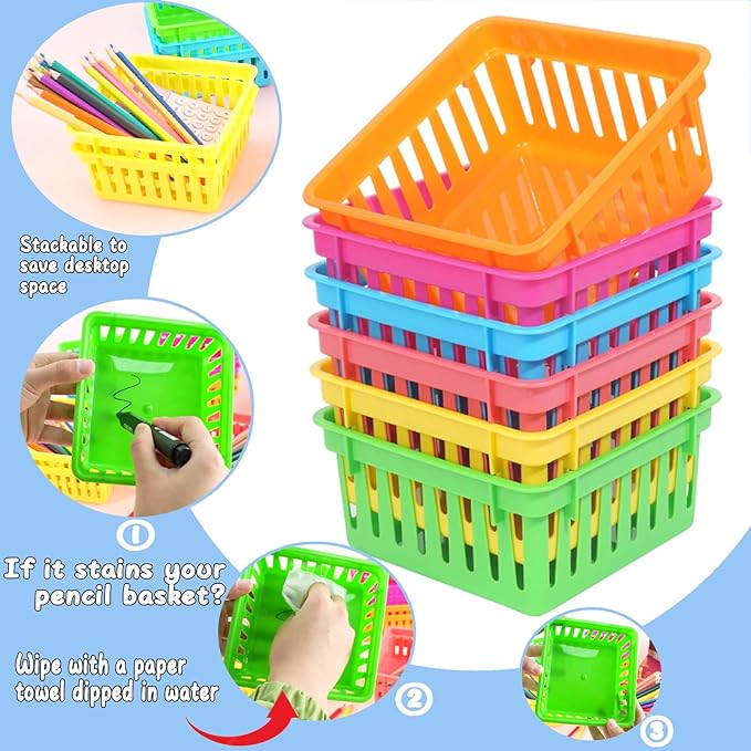 ZZYFGH 12 PCS Pencil Holders, Pencil Baskets, Small Plastic Baskets for Organizing, Colorful Storage Trays, Crayon Pencil Containers Organizer Bins for Desk, Drawer, Home, Office