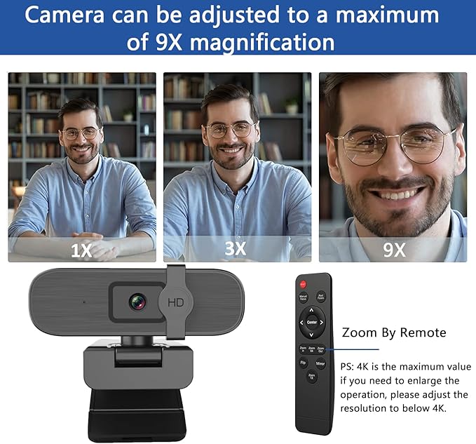 4K Webcam for PC, Auto-Zoom,with Remote Control,Privacy Cover, White Balance, Webcam with Microphone, Plug & Play, 4K Web Camera for Laptop/Desktop, Video Calling,Conferencing