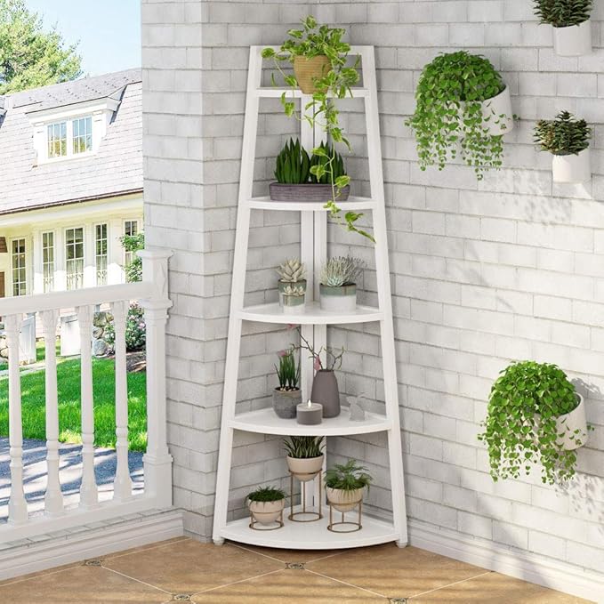 Tribesigns 70 inch Tall Corner Shelf, 5 Tier Modern Corner Bookshelf Bookcase Industrial Corner Ladder Shelf Plant Stand for Living Room, Kitchen, Home Office (White)