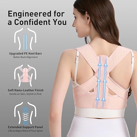 WNIEYO Back Brace Posture Corrector for Women Shoulder Straightener for Upper and Lower Back Pain Improving Postura Support Belt for Scoliosis (Pink, Large/X-Large)