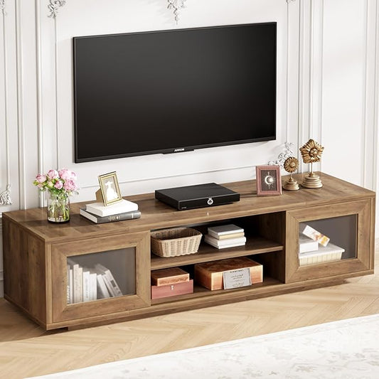HSH 55" TV Stand for TVs up to 60 Inch, Entertainment Center with Sliding Doors and Under TV Storage Cabinet,Modern TV Media Console Wood for Living Room and Bedroom,Rustic Oak