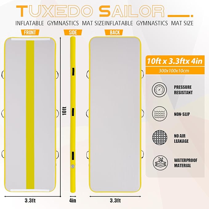 Tuxedo Sailor Inflatable Gymnastics Mat with Electric Pump, Storage Bag, Repair Kit–Air Mat for Home Training, Cheerleading, Yoga