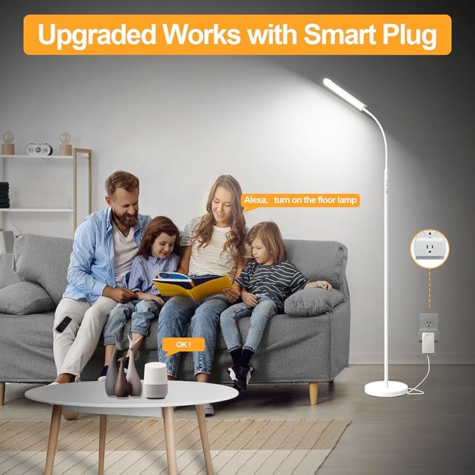 White Floor Lamp, 18W 1800LM Bright LED Floor Lamps for Living Room Bedroom, Dimmable Timing Eye Caring Reading Standing Lamp with Remote & Works with Smart Plug
