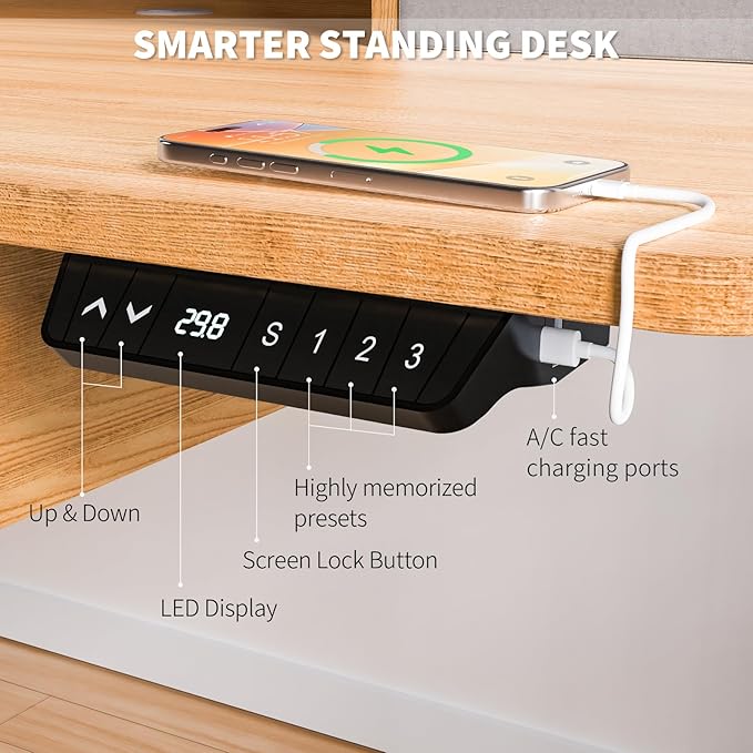 Electric Standing Desk, 63 * 30 Inches Adjustable Height with 4 Drawers, Double Storage Shelves, Home Office Workstation Sit Stand up Desk (Nature)