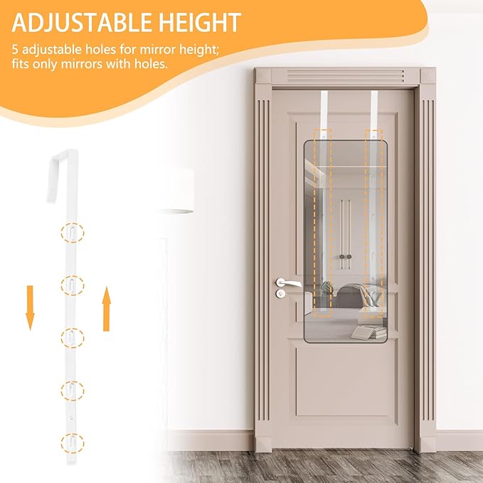 1 Pair Over The Door Mirror Hanger, 14 Inch/36cm Size Mirror Door Hanger with 4 Adjustable Holes (Fits Hole-Mounted Mirrors), Easy to Install – White Color, Mirrors Not Included