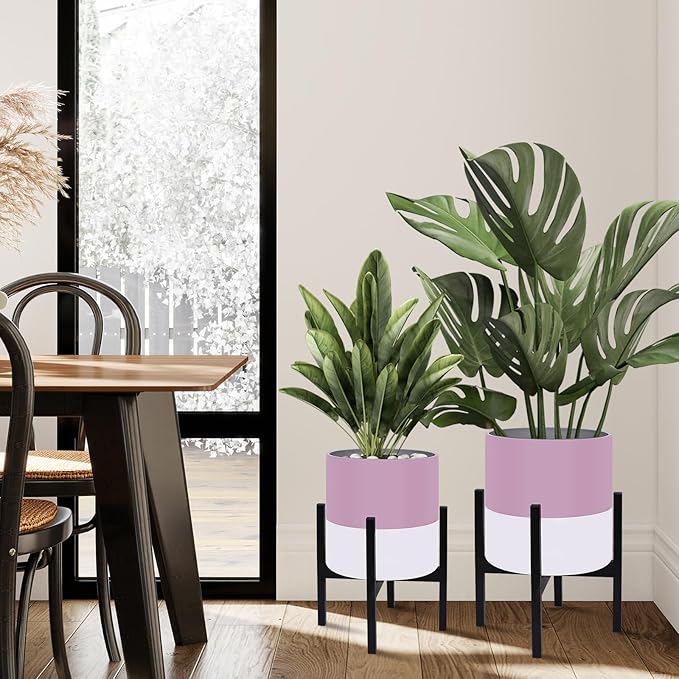 Planter with Stand Set of 2, Modern Plant Pots with Metal Legs Indoor,Flower Pots with Drainage Holes Matching Decorative Garden Pot for Living Room, Office, Garden, or Balcony 10 & 12 Inches