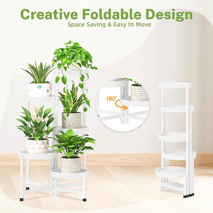 iDavosic.ly 5 Tier Folding Plant Stand Indoor Outdoor with Plastic Tray, Tiered Corner Flower Holder Shelf, Metal Orchid Display Rack for Patio Porch Living Room Garden Balcony, White