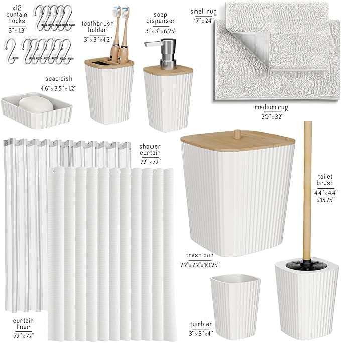 Clara Clark Bathroom Accessories Set - 22PC Bathroom Set, Bathroom Sets with Shower Curtain and Rugs, White Shower Curtain Set with Bathroom Trash Can
