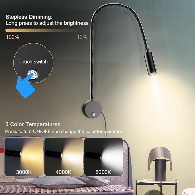 Wall Mounted LED Reading Light with 15" Flexible Gooseneck, Dimmable Book Light for Reading In Bed with USB Charging Port, Plug In Headboard Night Lights, 3 Colors Temperature, Touch Control-2 Pack