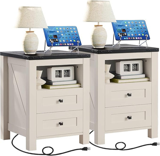 Night Stands with Charging Station Set of 2, Farmhouse Nightstand, White Wooden Bedside End Tables with 2 Drawers and Open Shelf, Bed Side Table for Bedroom, Living Room, Closet, Office