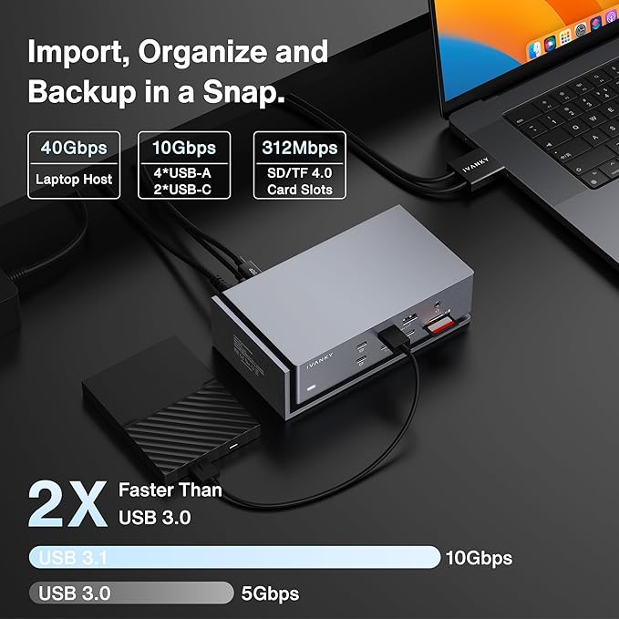 iVANKY FusionDock Max 1 Dual Thunderbolt 4 Chips, 20-in-1 Quad 6K@60Hz Monitor MacBook Docking Station, 40Gbps Dock for Mac M1/M2/M3 Pro/Max, 2HDMI 2.0, 96W PD, 10Gbps USB, 2.5 GbE, Silver
