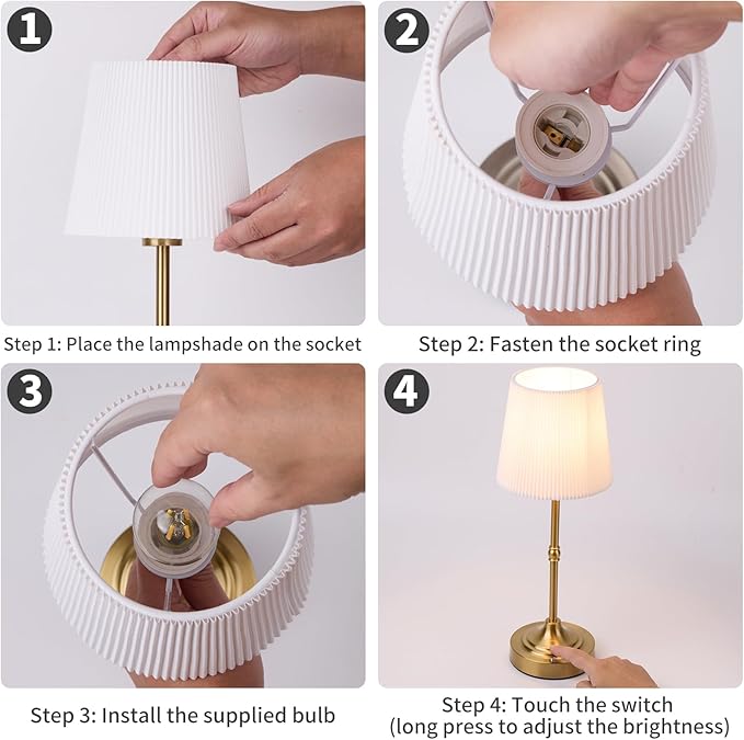 Cordless Rechargeable Table Lamp 5200mAh - Stepless Dimming & 3-Color Temperature, Touch Control Bedside Lamp with Fabric Shade for Bedroom, Patio, Camping, Balcony (Gold)