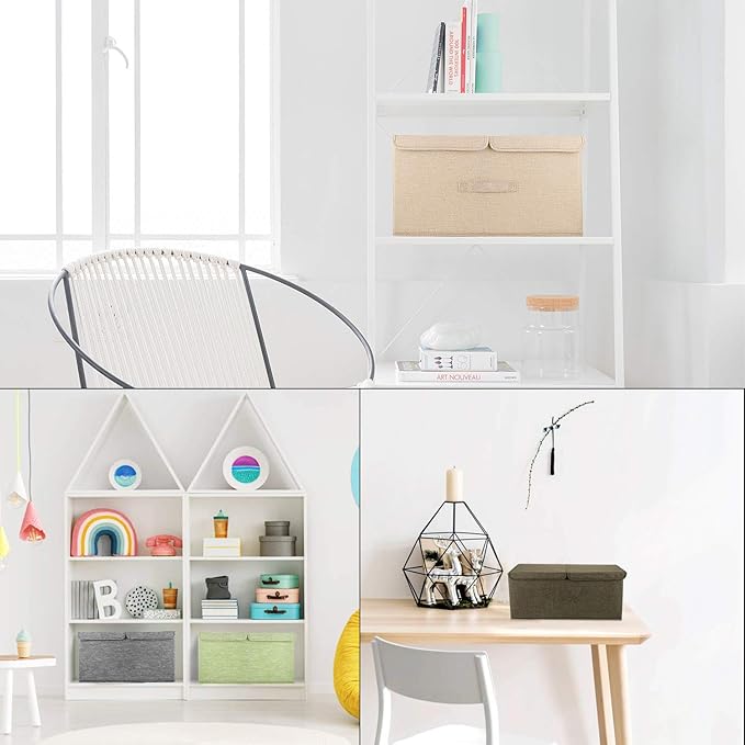 2 Pack Large Linen Fabric Collapsible Storage Bins with Lid and Handles, Washable Storage Box Baskets Cube with Removable Divider for Bedroom,Closet,Office,Living Room,Nursery (Black, Large)